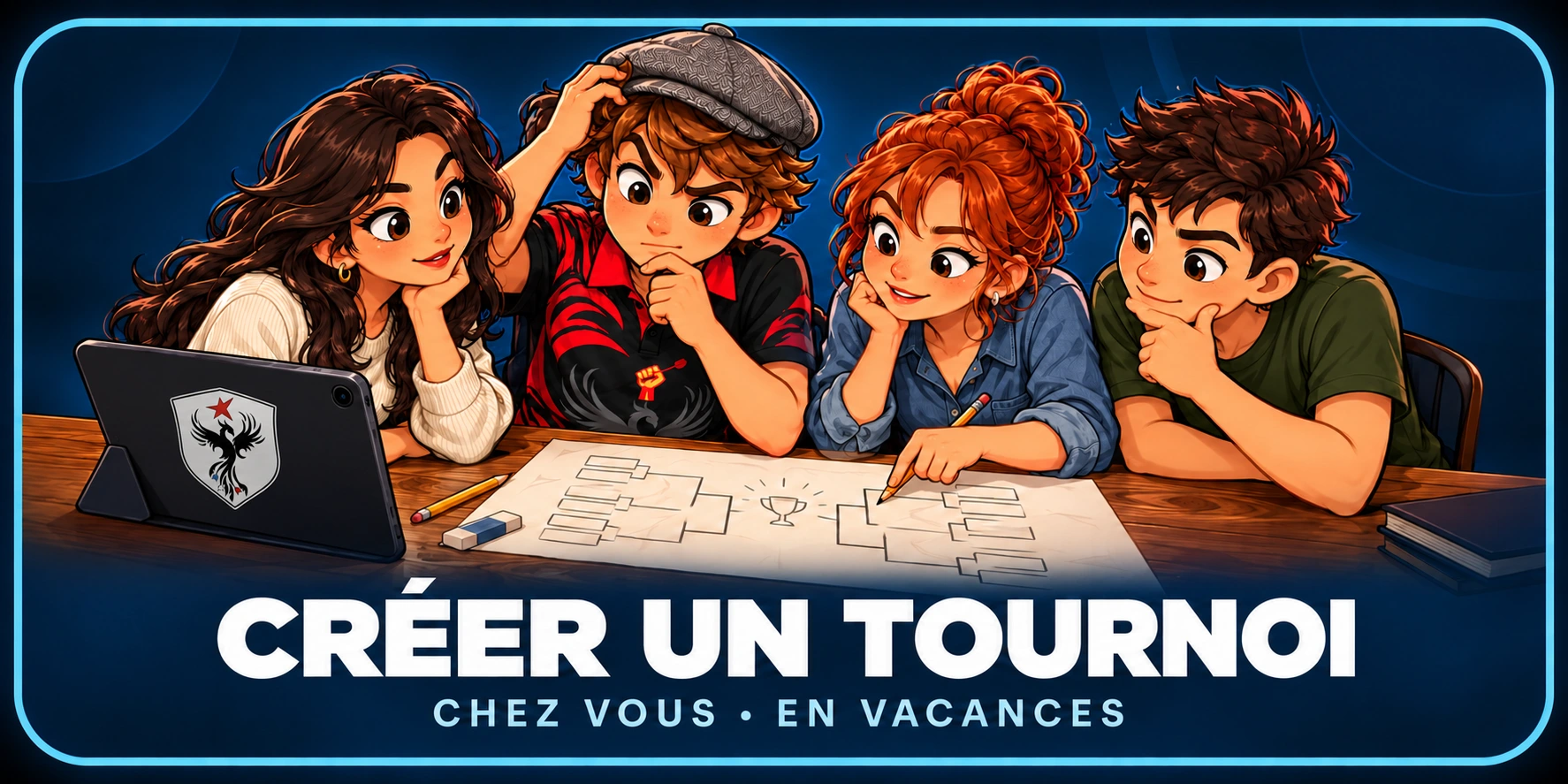 Créer un tournoi — Chez vous · En vacances. Le Titi et ses amis réfléchissent au tableau de tournoi autour d’une table, avec une tablette portant l’écusson du club.