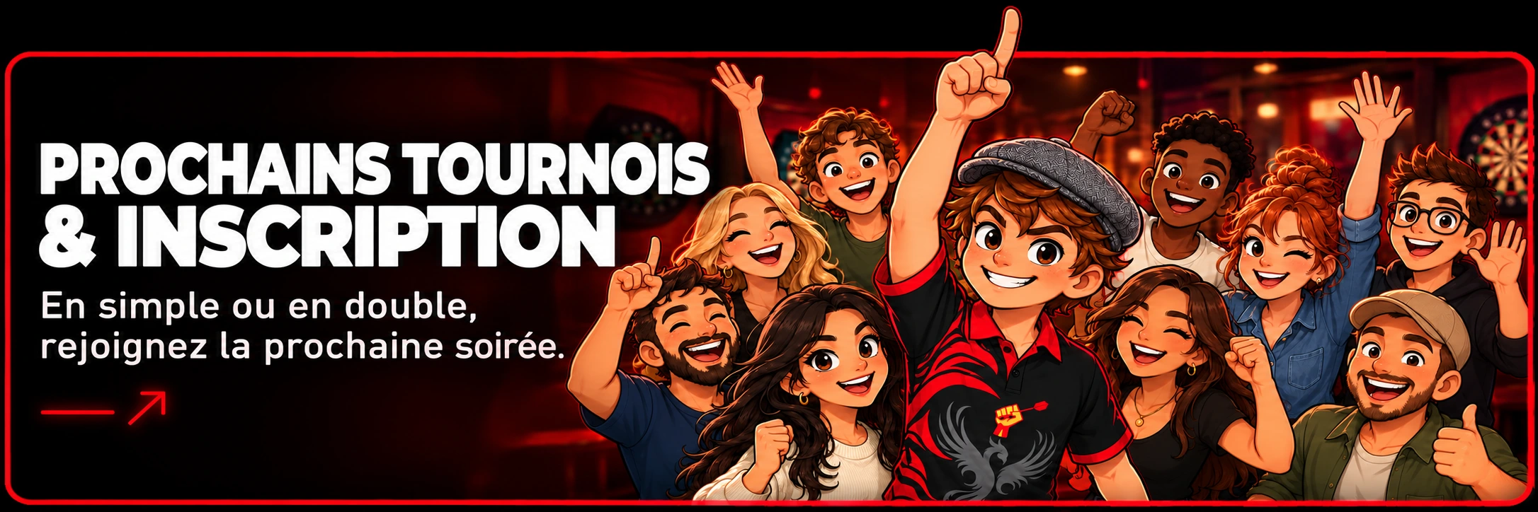Prochains tournois & inscription. En simple ou en double, rejoignez la prochaine soirée. Le Titi et les joueurs lèvent la main pour s’inscrire.