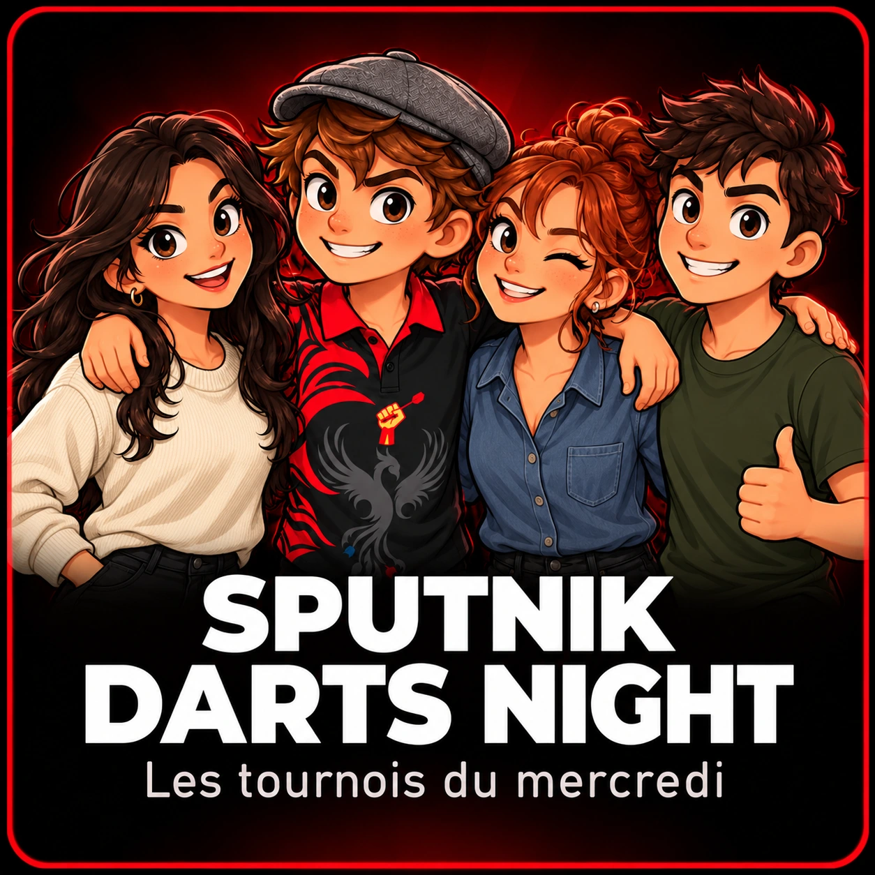Sputnik Darts Night — Les tournois du mercredi. Le Titi et ses trois amis, bras dessus bras dessous.